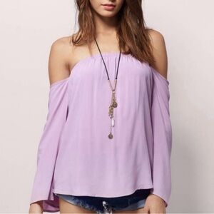 Tobi Womens Lavender Purple Off the Shoulder Chiffon Long Sleeve Flowy Top Large